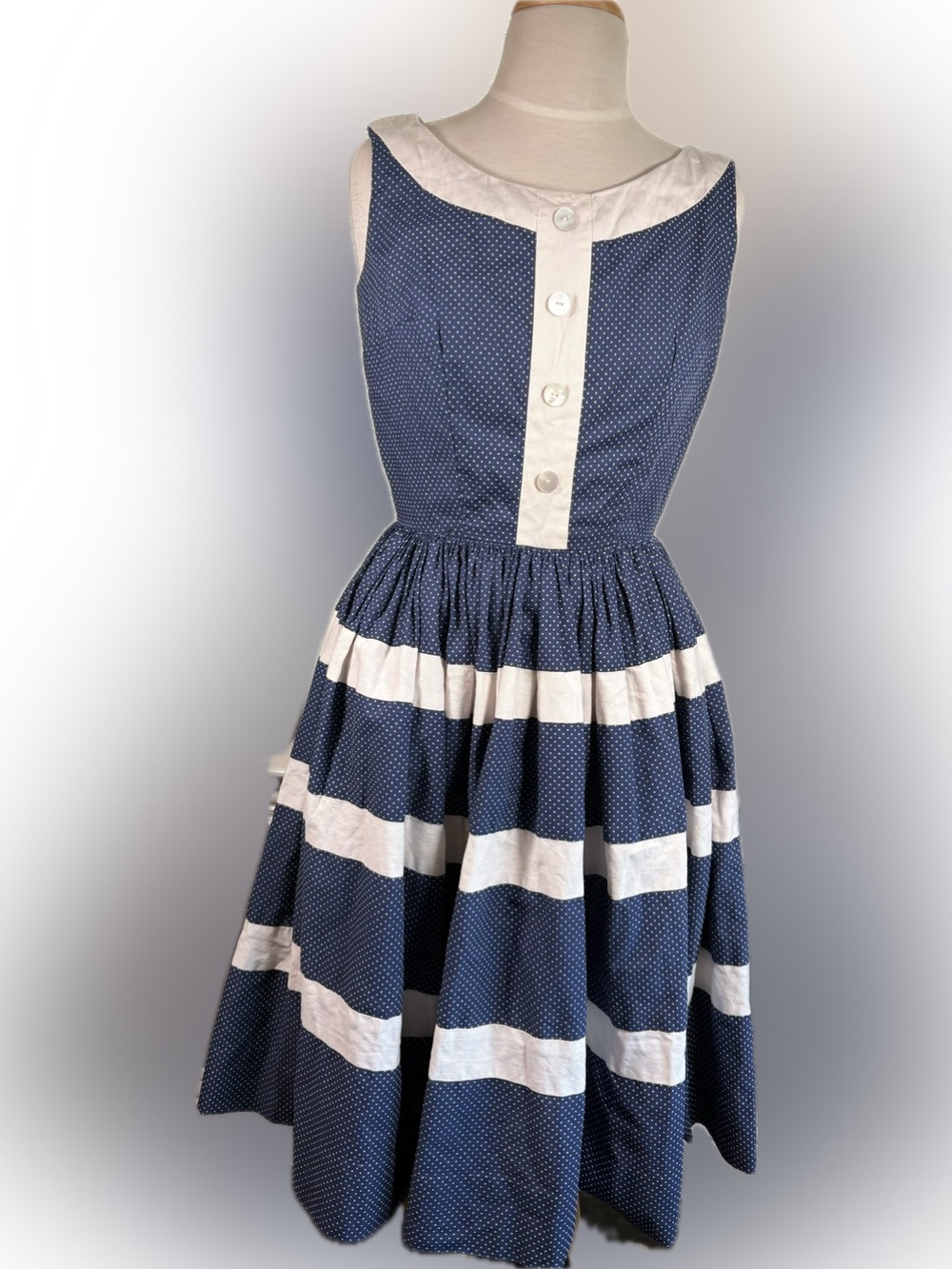 Vintage Alison Ayres Navy and White Polka Dot Midi Dress Fit Flare